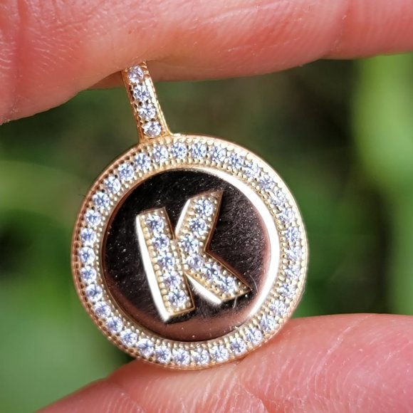 Shiny letter K pave set CZ diamonds 925 sterling silver gold vermeil disc neckla - Picture 3 of 10